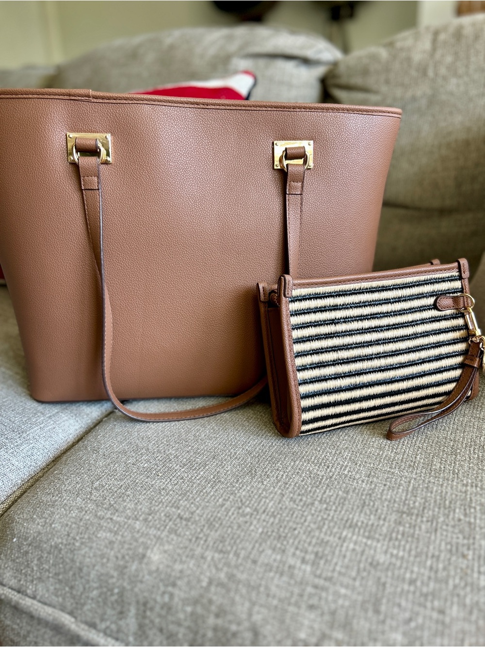 Anne Klein Brown Tote Bag with Striped Wristlet - Picture 5 of 7